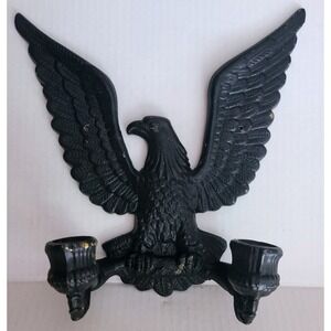 Vintage Cast Iron American Eagle 2 Candle Wall Sconce Black Stamped 7951 Star